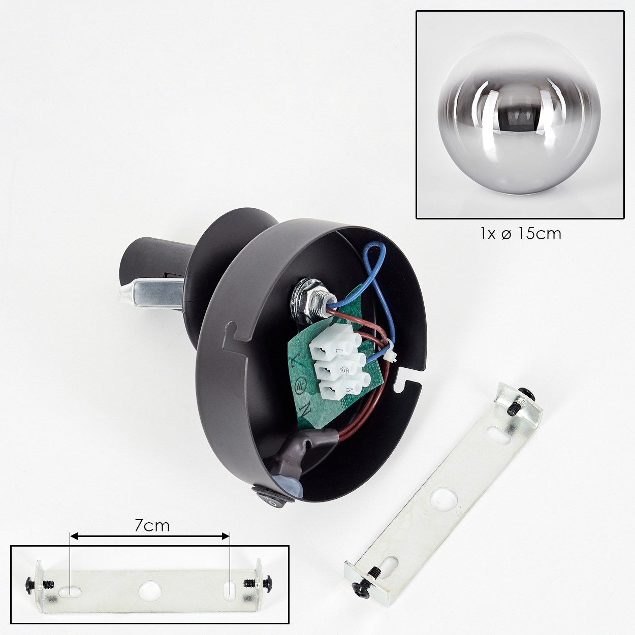 Deckenleuchtenteile: schwarze Basis, Metallhalterung, Chromkugel, elektrische Komponenten und Abmessungen: 7cm und 15cm Durchmesser.