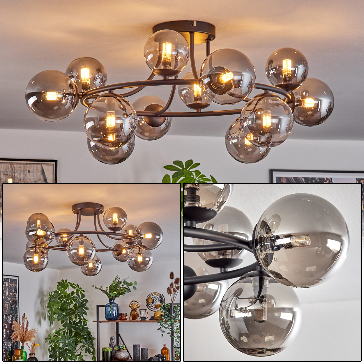 Eine moderne Deckenleuchte mit mehreren kugelförmigen Glasschirmen. Sie ist an der Decke montiert, mit warmen Lichtern. Der Hintergrund zeigt Deko.