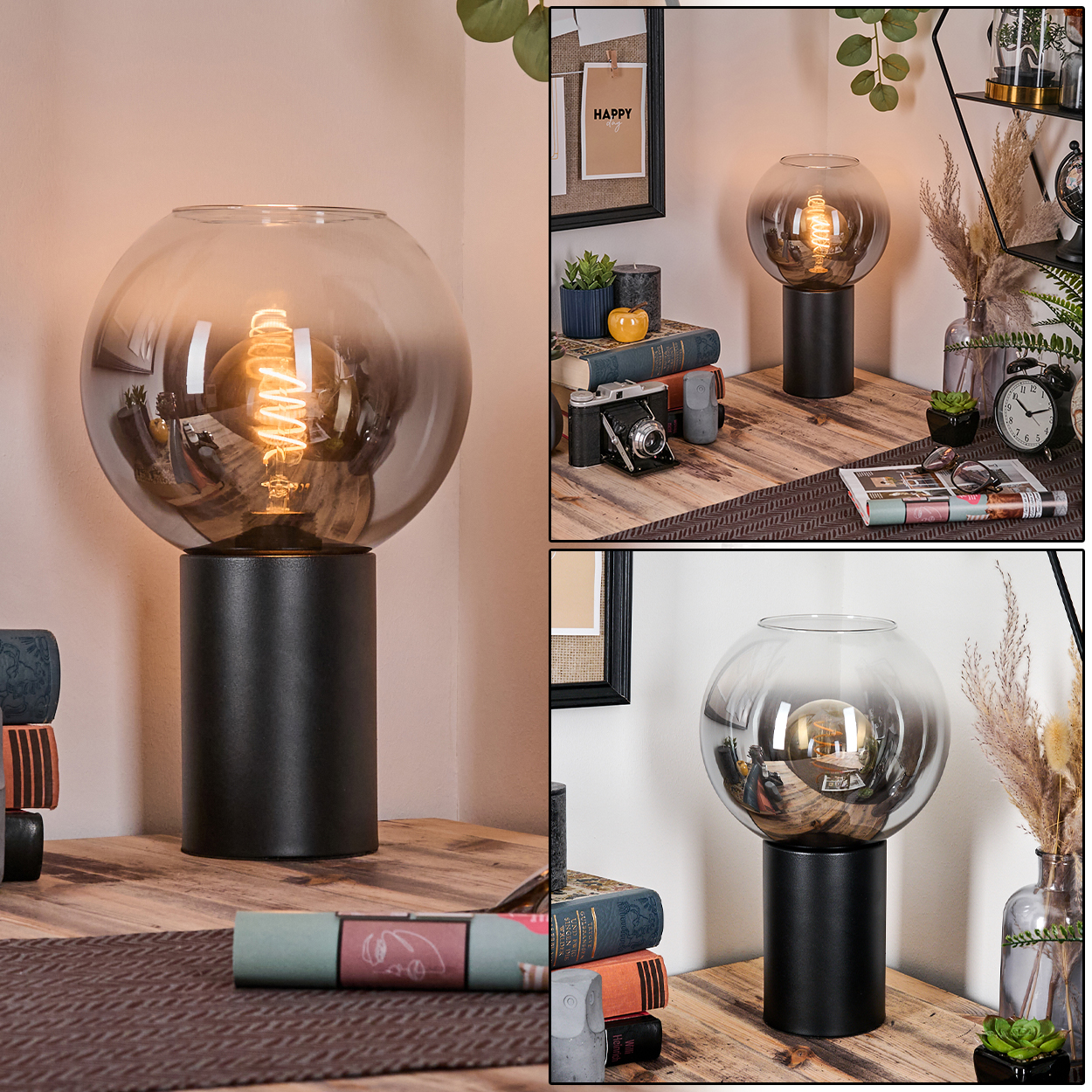 Eine moderne Lampe mit kugelförmigem Glasschirm, schwarzem Sockel und sichtbarer Glühbirne auf Holzoberfläche.
