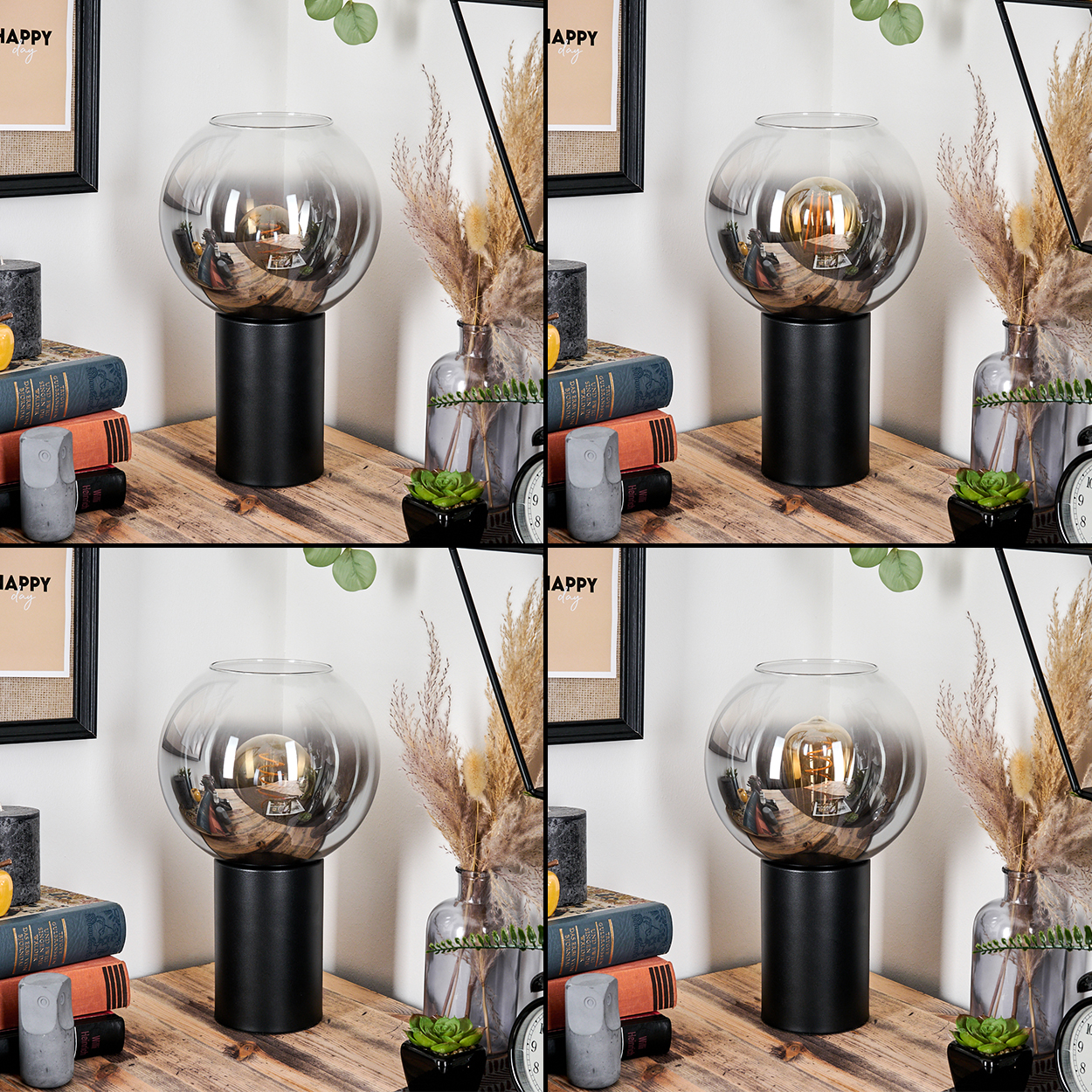 Eine moderne Lampe auf einem Holztisch mit Büchern, einer kleinen Eulenstatue und dekorativen Pflanzen. Der Hintergrund umfasst gerahmte Kunst.