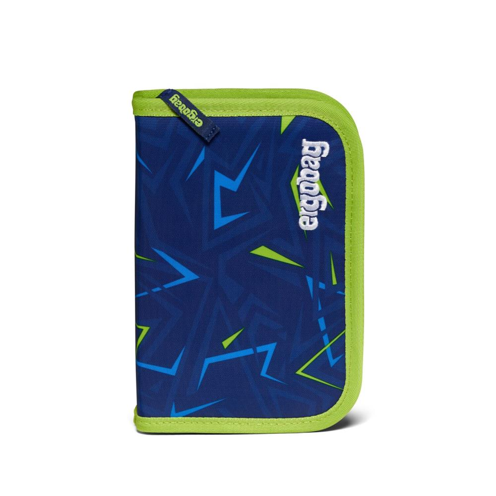 Ein blaues Federmäppchen mit grünen Rändern und dem Wort 'ergobag'. Es hat ein Muster aus blauen und neongrünen Formen.