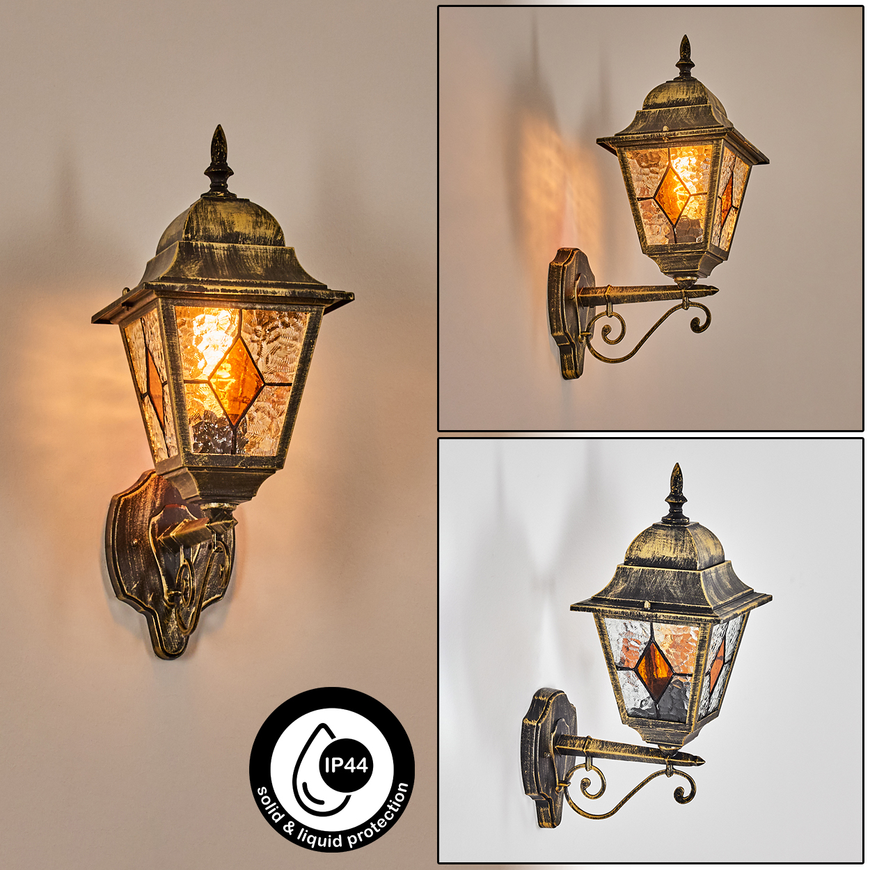 Eine dekorative Außenlampe, gold und braun, an einer weißen Wand montiert. Die Lampe hat Buntglas und die Schutzart IP44.