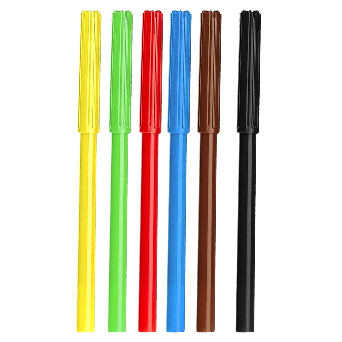 Sechs bunte Marker in einer Reihe: Gelb, Grün, Rot, Blau, Braun und Schwarz. Weißer Hintergrund.