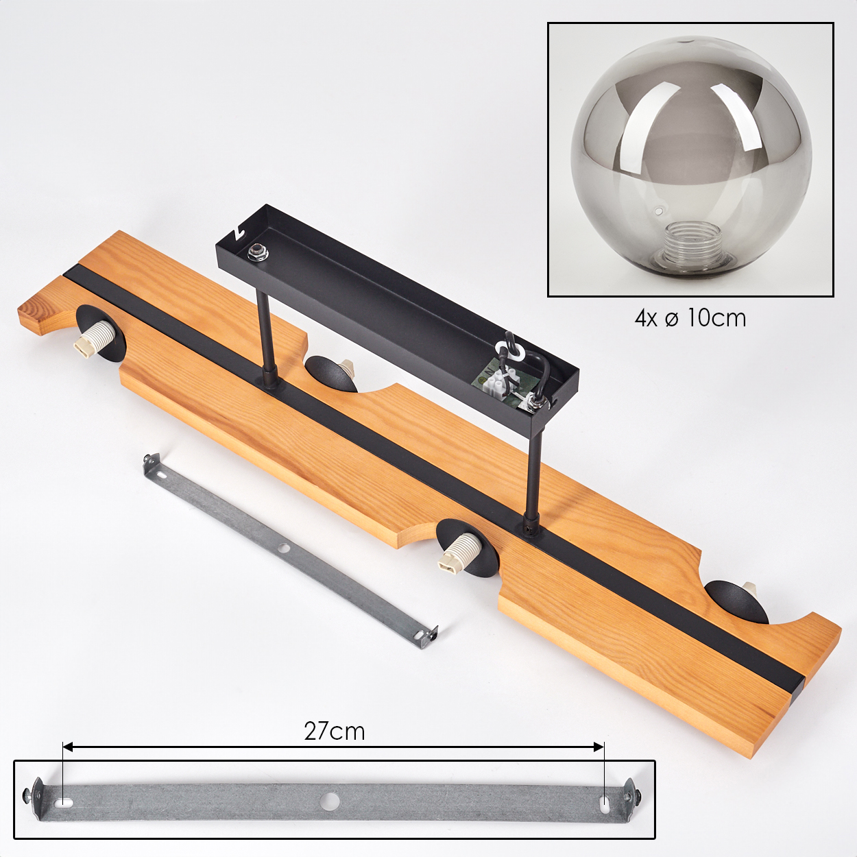 Holzlampensockel mit schwarzen Akzenten, Metallhalterung und Glaskugel. Die Basis ist hellbraun mit einem schwarzen Streifen.