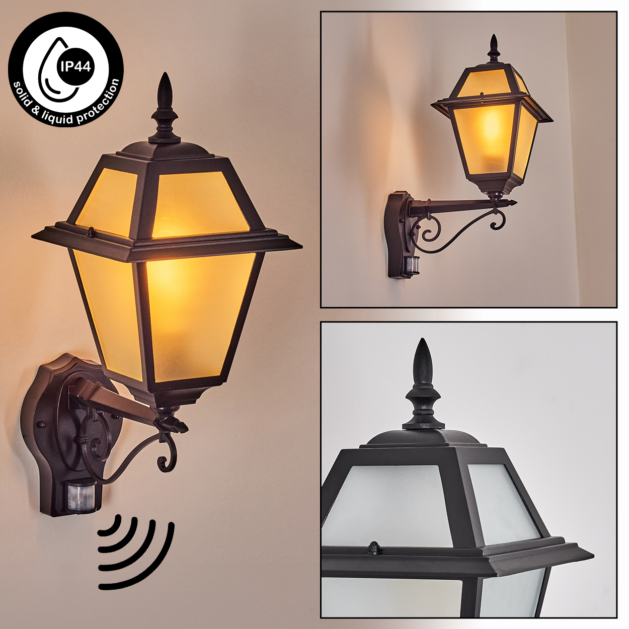 Schwarze Außenwandleuchte mit Bewegungsmelder. Die Lampe ist an und strahlt warmes Licht aus. Der Hintergrund ist eine neutrale Wand.