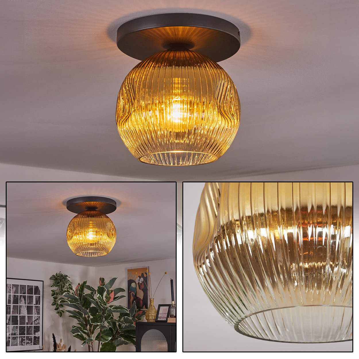 Eine Deckenleuchte mit rundem, bernsteinfarbenem Glasschirm. Das Licht ist an und beleuchtet den Raum. Im Hintergrund sind weitere Dekorationsartikel zu sehen.