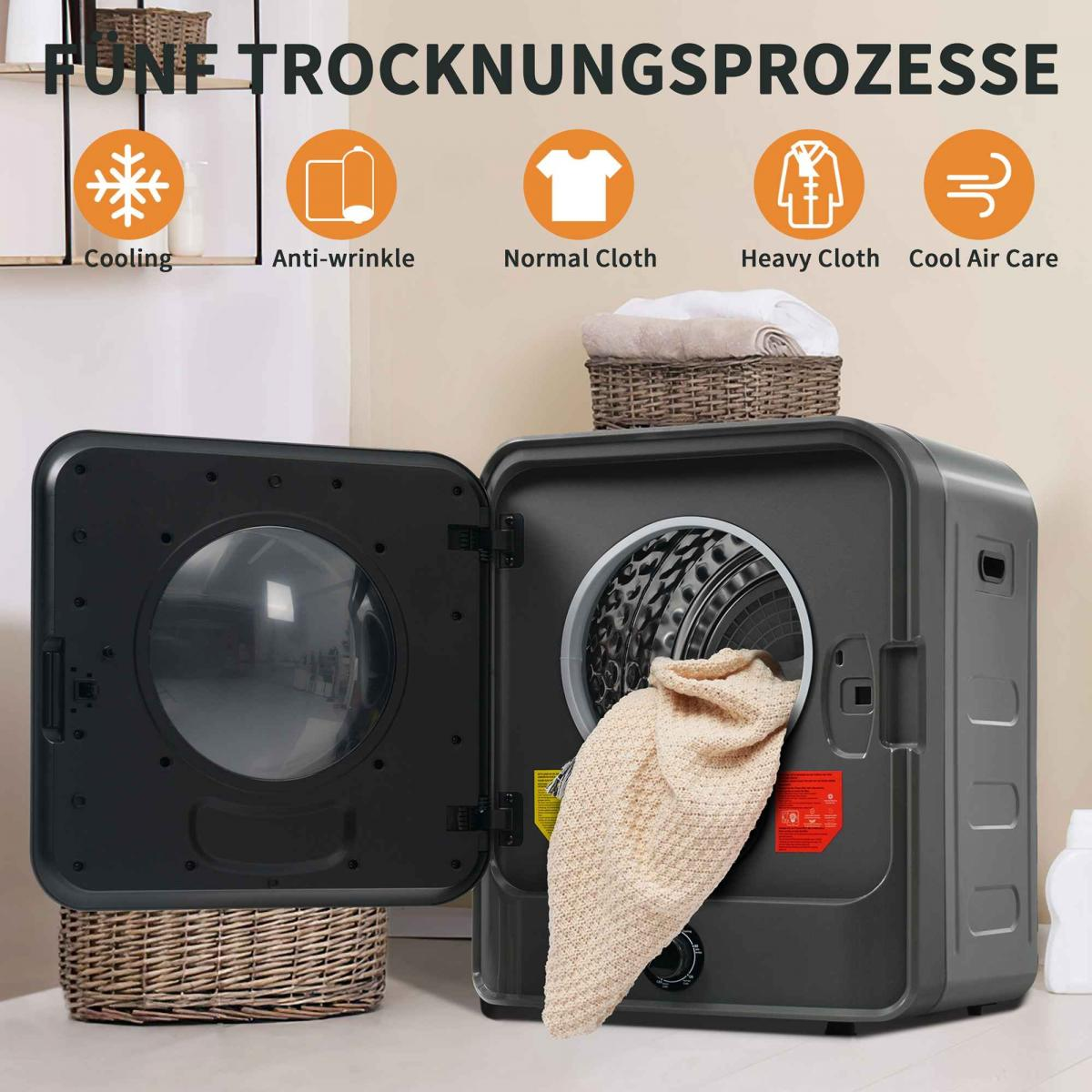Schwarzer Trockner mit offener Tür. Innen, beiger Pullover. Oben Symbole: Kühlung, Anti-Falten, normale, schwere Kleidung, Kaltluftpflege.