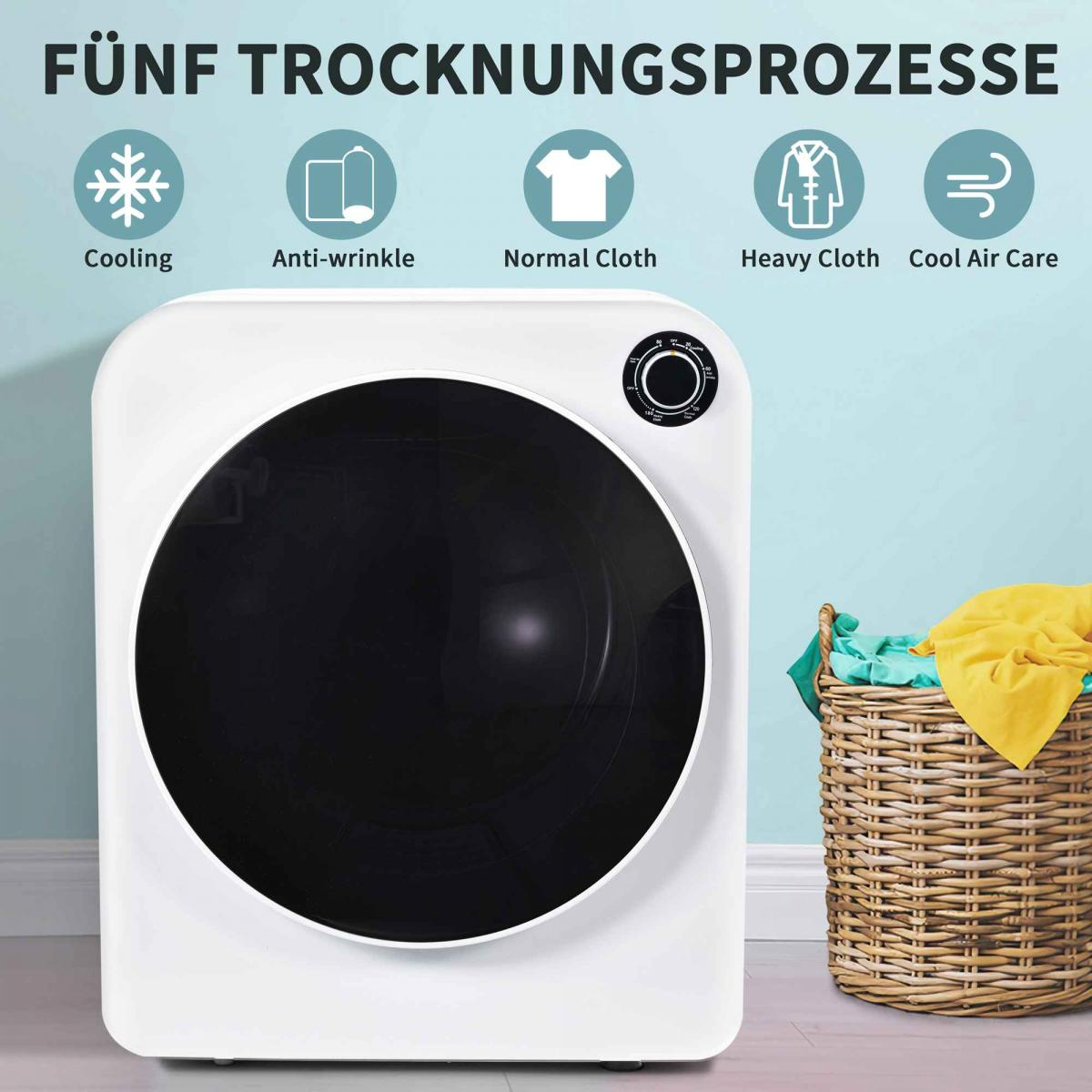 Weißer Trockner mit schwarzer Tür und Bedienfeld. Wäschekorb rechts. Blaue Wand und Trocknungsprozess-Icons oben.