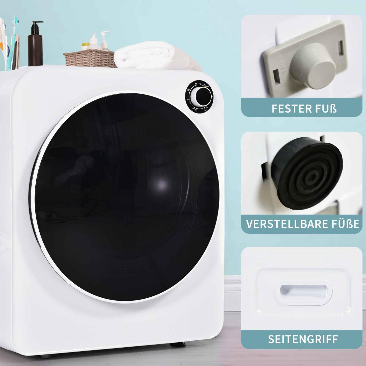 Weißer, quadratischer Trockner mit schwarzer Tür. Details zeigen Füße, Bedienknopf und Griff. Hintergrund: Toilettenartikel und Handtuch.