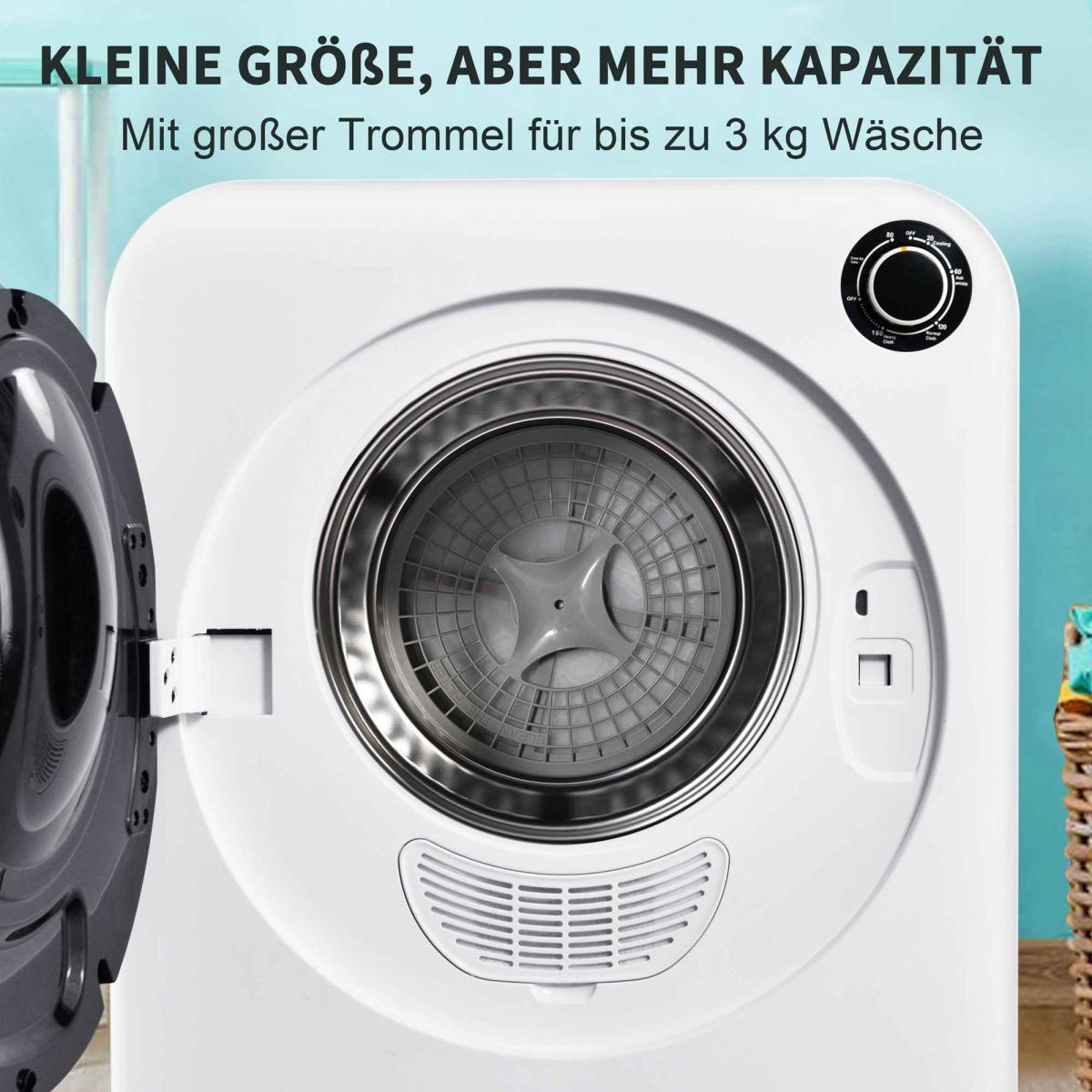 Weißer Trockner mit offener Tür. Text besagt, dass er eine große Trommel für 3 kg Wäsche hat. Schwarzes Bedienfeld oben rechts.