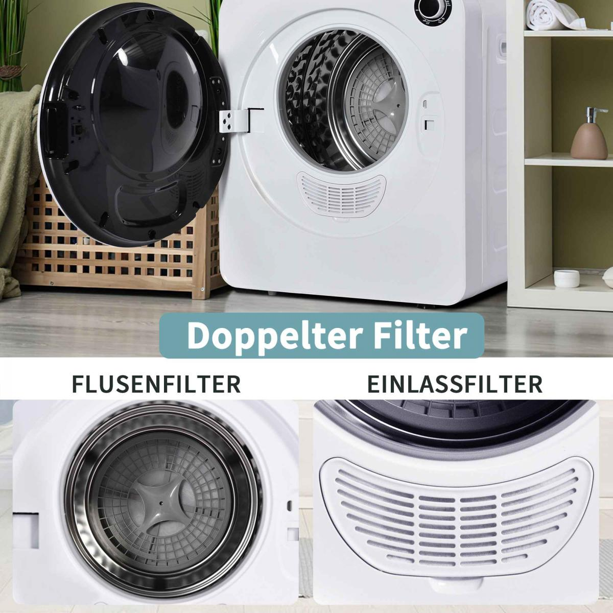 Ein weißer Trockner mit offener schwarzer Tür. Darunter Nahaufnahmen des Flusenfilters und des Einlassfilters.