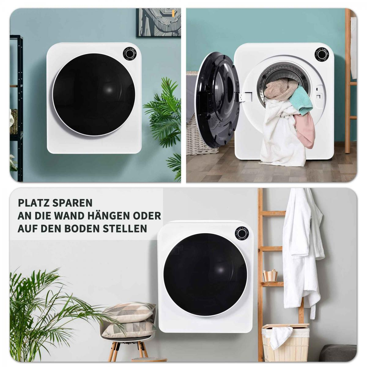 Gezeigt wird ein weißer, an der Wand montierter Trockner. Einer ist offen mit Kleidung darin, einer geschlossen und einer montiert. Pflanzen und Möbel sind im Hintergrund.