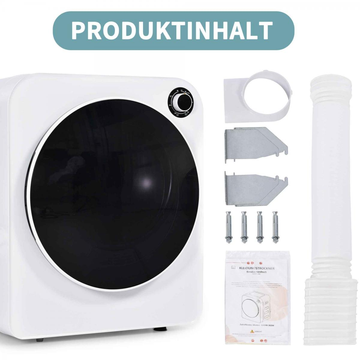 Ein weißer Wäschetrockner mit schwarzer Tür, Zubehör und eine Anleitung. Auf der Oberseite steht 'Produktinhalt'.