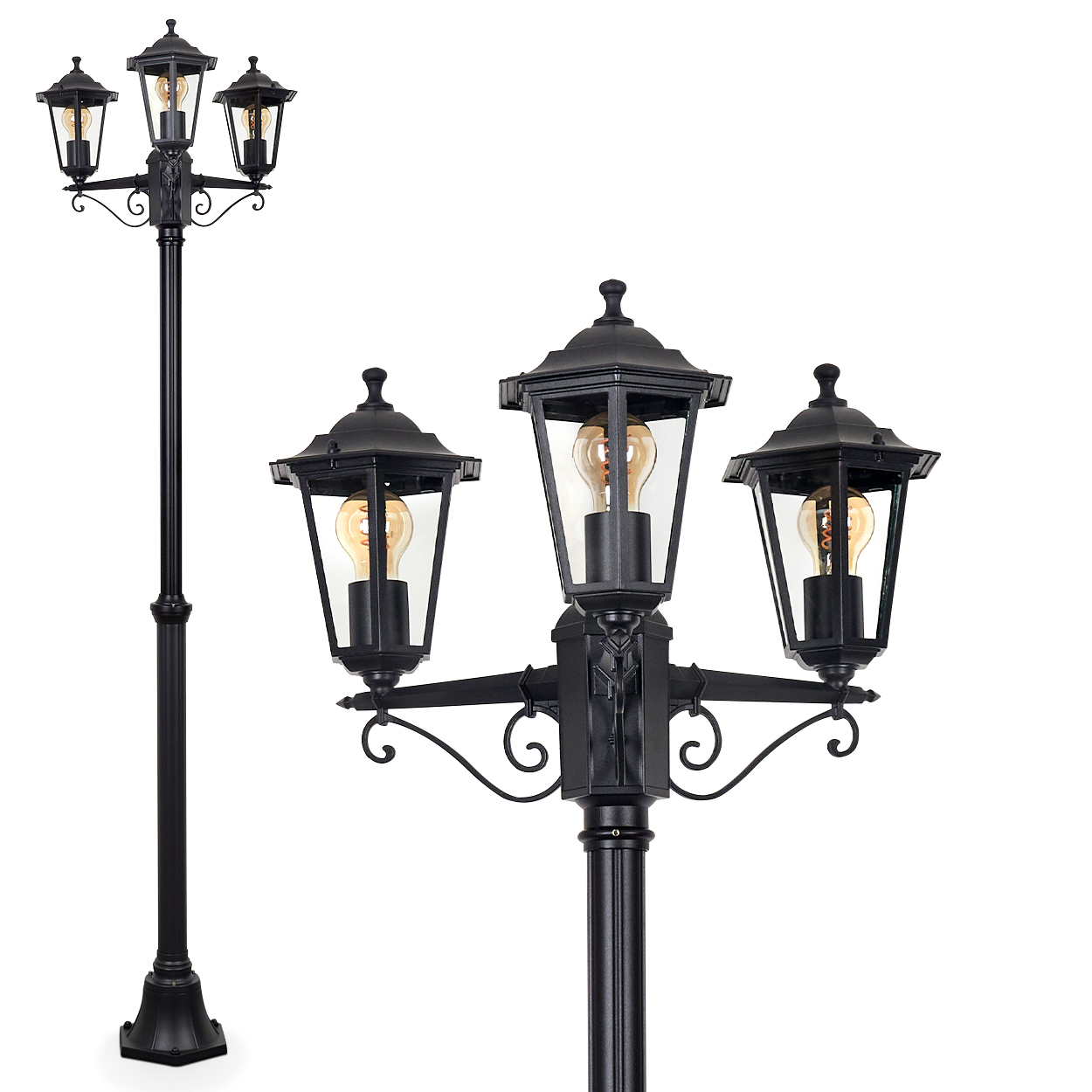Schwarze verzierte Straßenlaterne mit drei Laternen, jede mit einer Glühbirne. Die Lampe steht vor weißem Hintergrund.