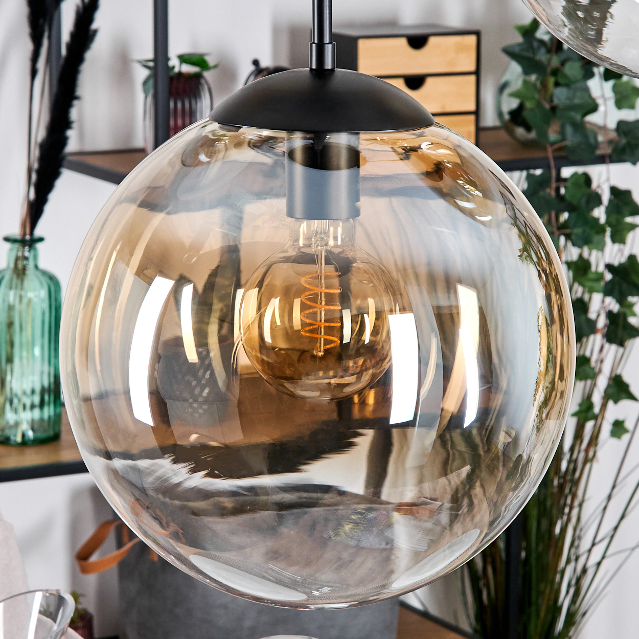 Nahaufnahme einer kugelförmigen Glas-Hängelampe mit Glühbirne. Im Hintergrund sind weitere Objekte wie Pflanzen und Regale zu sehen.