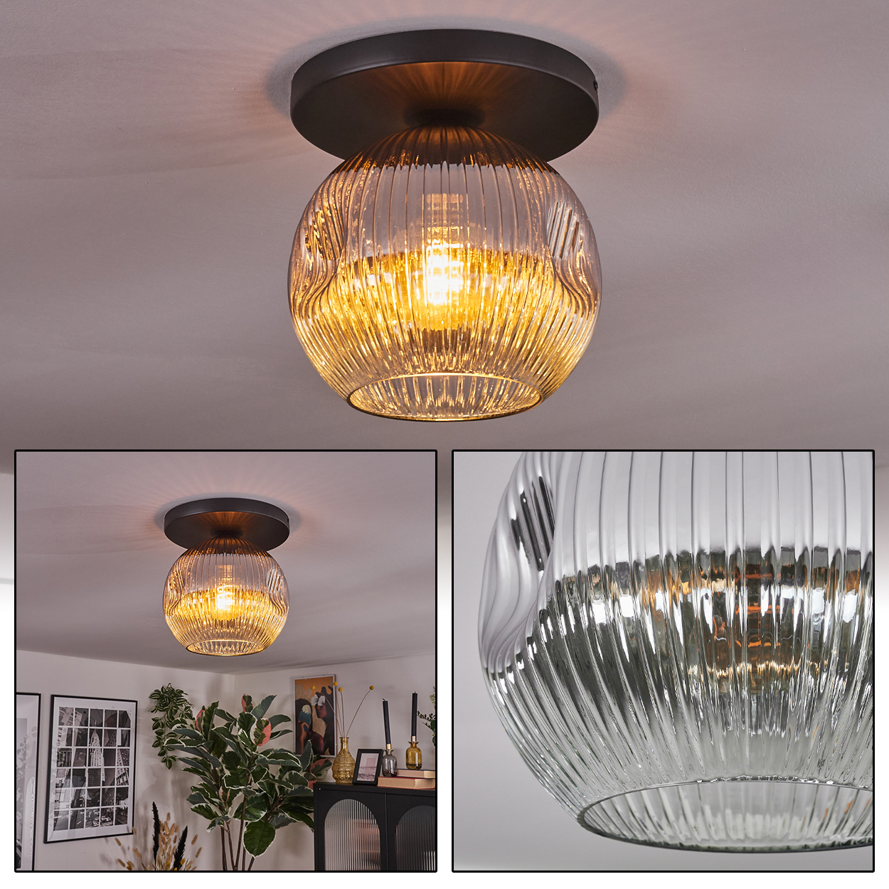 Eine dekorative Deckenlampe mit Glasschirm und warmer Glühbirne. Der Schirm ist gerippt und die Lampe ist auf einem dunklen Sockel montiert.