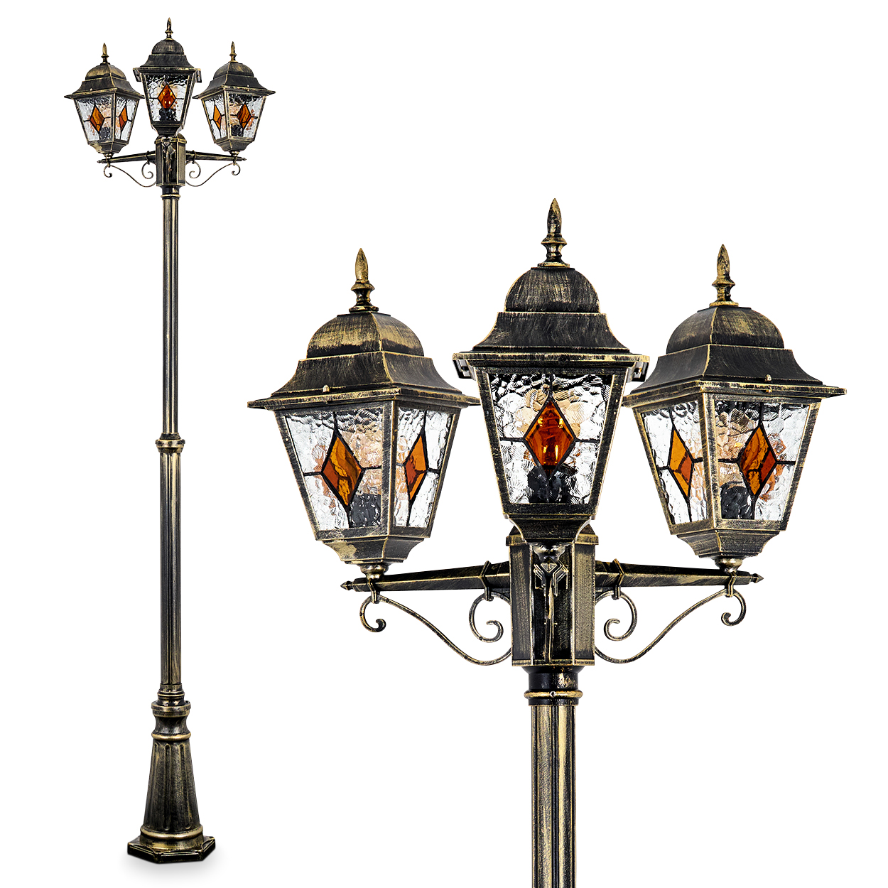 Dekorative Außenlaterne mit drei Lampenschirmen. Die Lampe hat eine Bronzeausführung mit Buntglas und weißem Hintergrund.