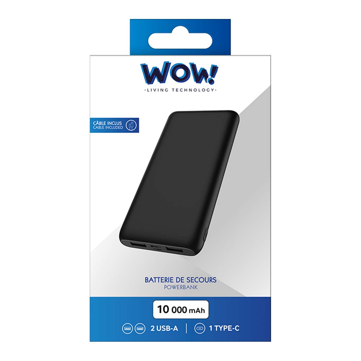Un power bank nero su una scatola bianca, etichettato 'WOW!'. Include 'CÂBLE INCLUS' e '10.000 mAh'. Dispone di 2 porte USB-A e 1 Type-C.