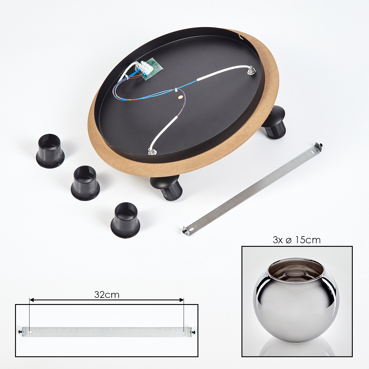 Draufsicht auf zerlegte Lampenteile. Enthält eine schwarze runde Basis, Metallhalterung, schwarze Tassen und eine Glasschale. Maße angegeben.