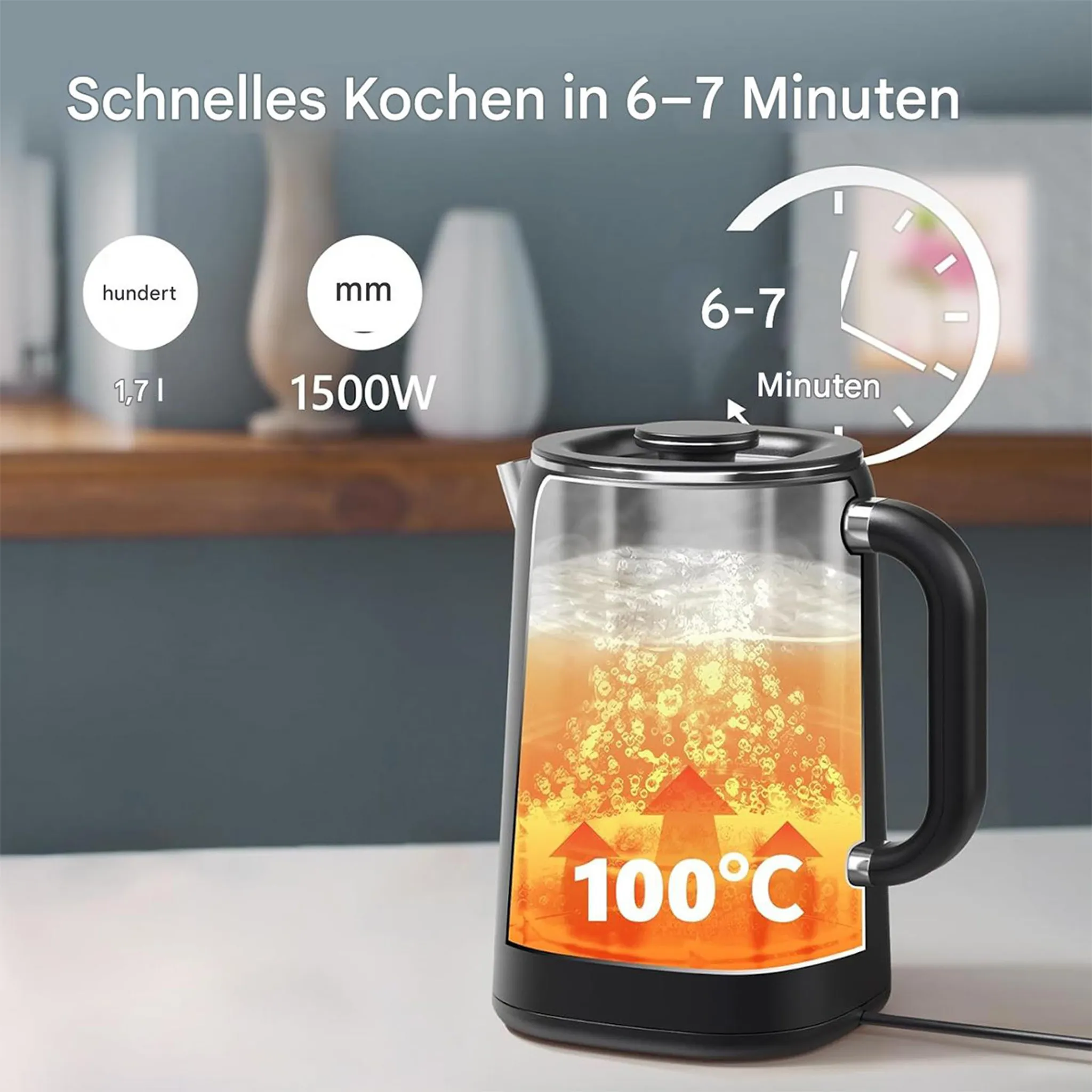 Schwarzer Wasserkocher mit kochendem Wasser, Temperatur 100°C. Uhr zeigt 6-7 Minuten. Text: Schnelles Kochen.