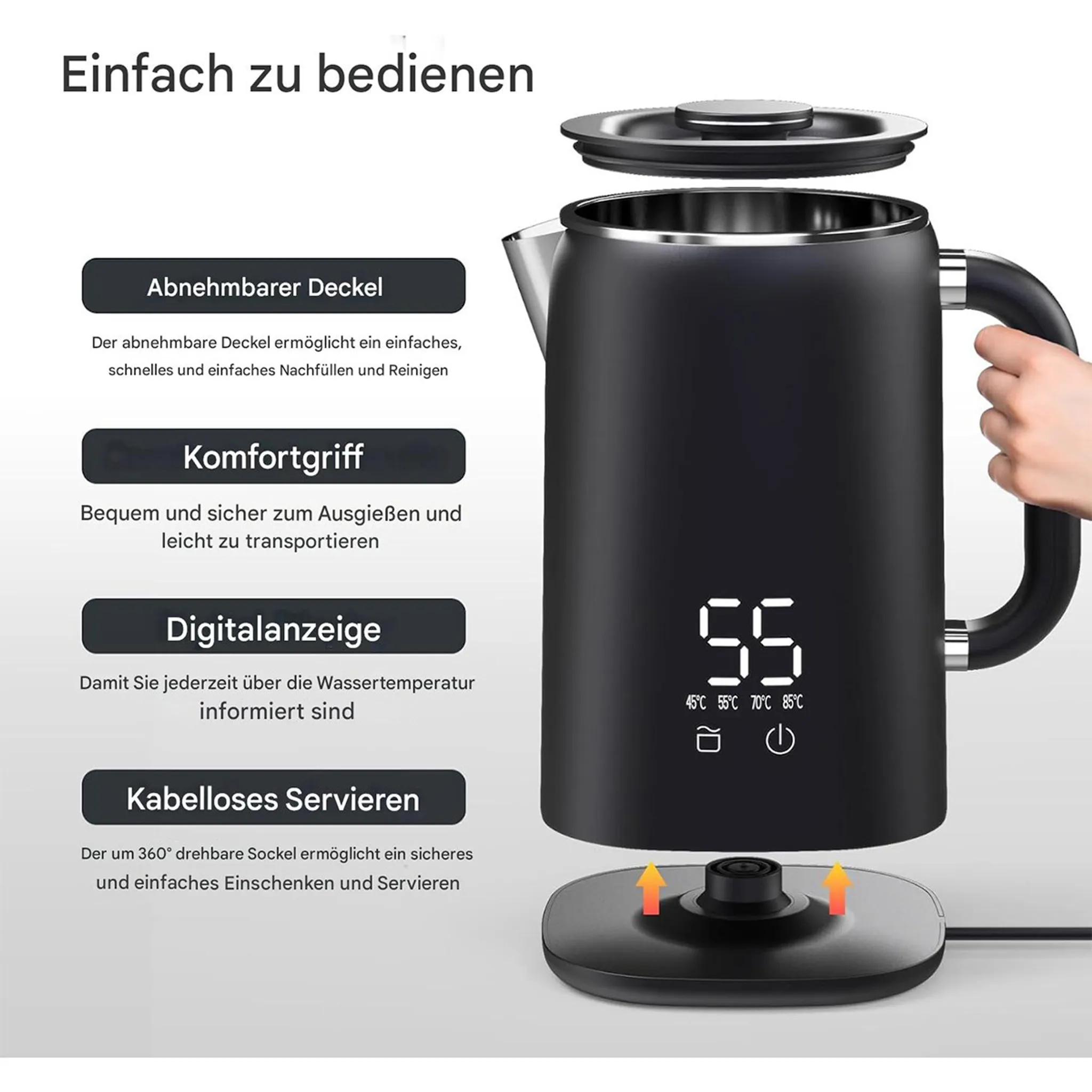 Schwarzer Wasserkocher mit Digitalanzeige. Merkmale sind ein abnehmbarer Deckel, Komfortgriff und kabellose Basis.