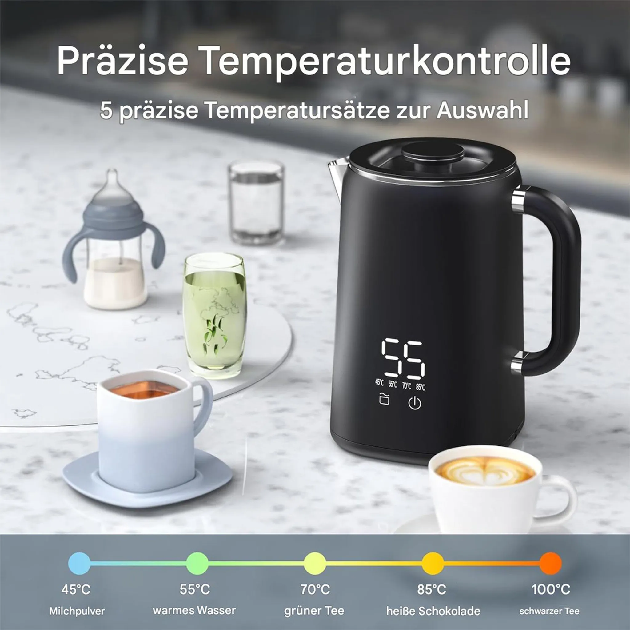 Ein schwarzer Wasserkocher mit Digitalanzeige, verschiedene Getränke und Temperatureinstellungen werden angezeigt.