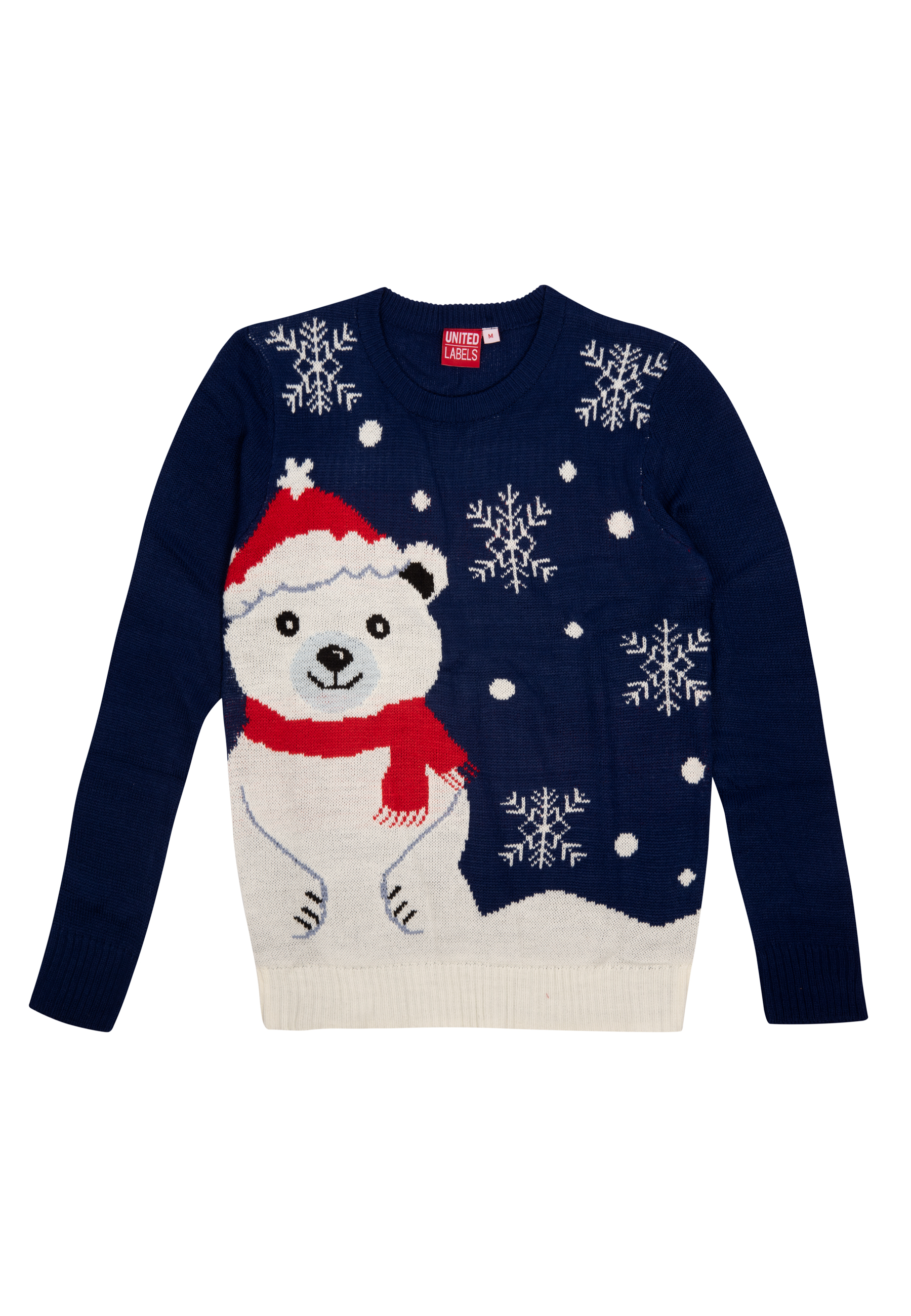 Marineblauer Pullover mit einem Eisbären mit rotem Schal und Hut. Weiße Schneeflocken sind verstreut.