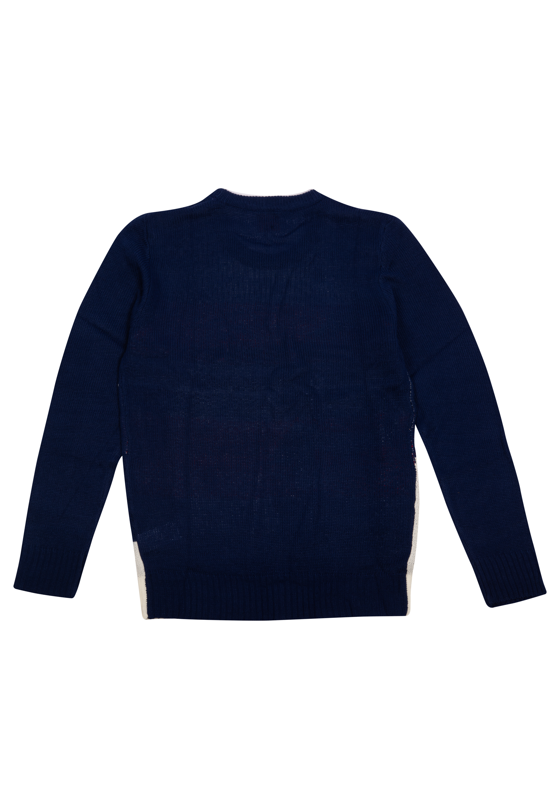 Marineblauer Pullover auf weißem Hintergrund. Mit langen Ärmeln und weißen Akzenten an der Seite.