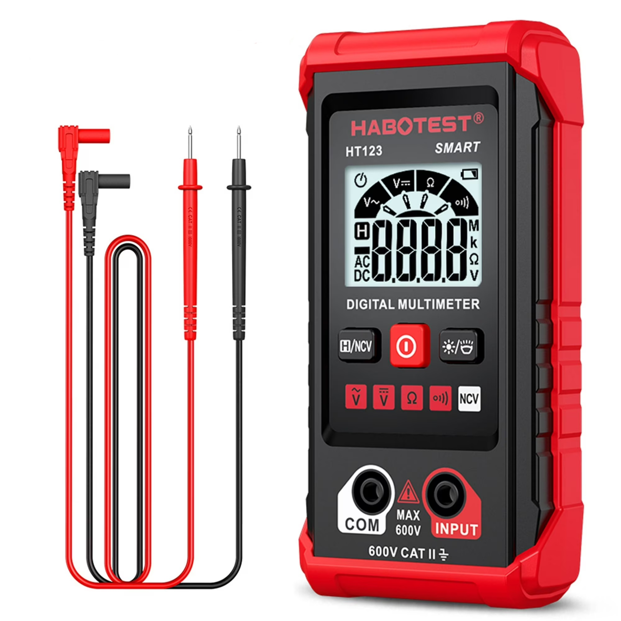 Ein rotes und schwarzes digitales Multimeter mit Sonden. Es hat eine Digitalanzeige und mehrere Tasten. Die Marke ist Habotest.