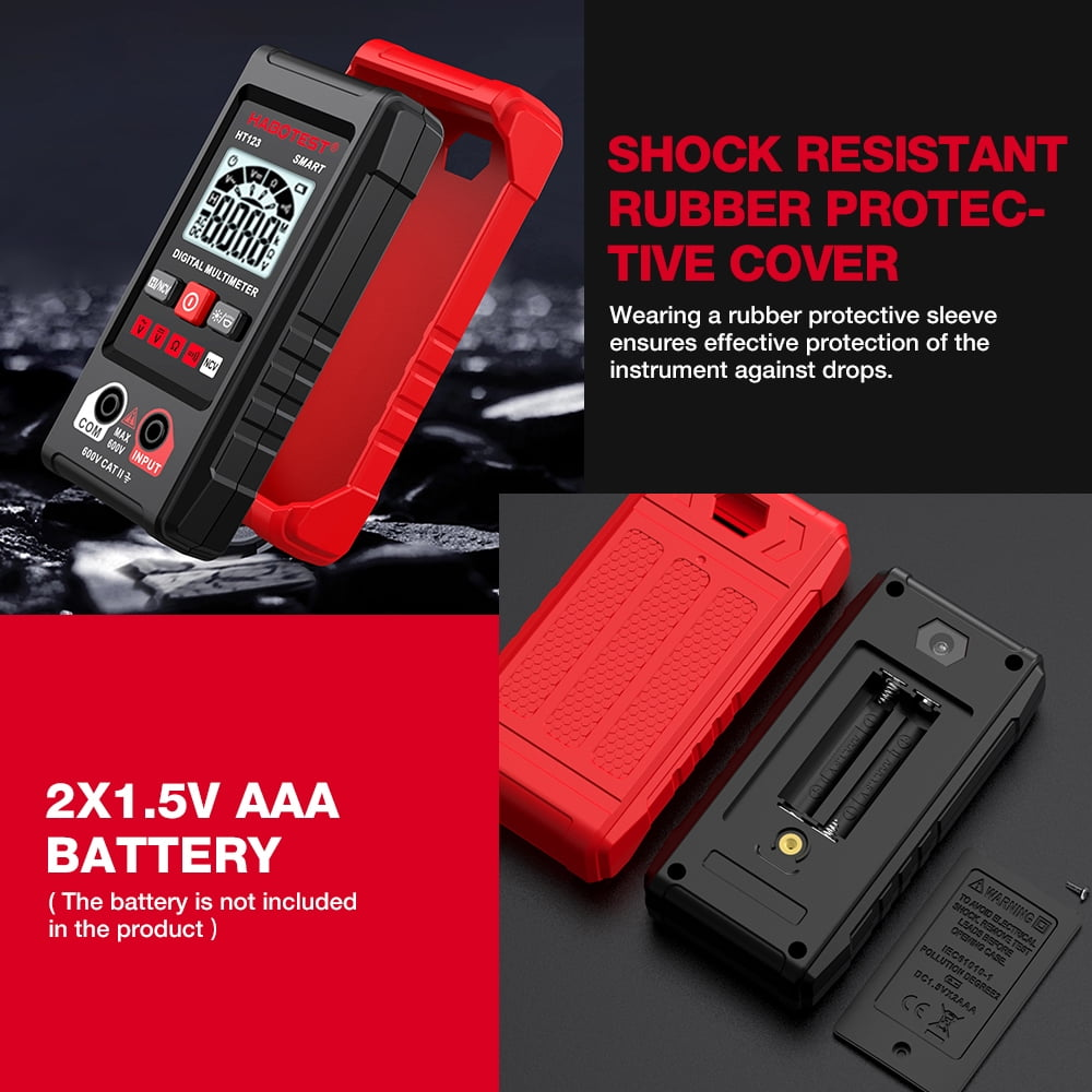 Ein digitales Multimeter mit roter und schwarzer Schutzhülle und Batteriefach. Text erwähnt Stoßfestigkeit.