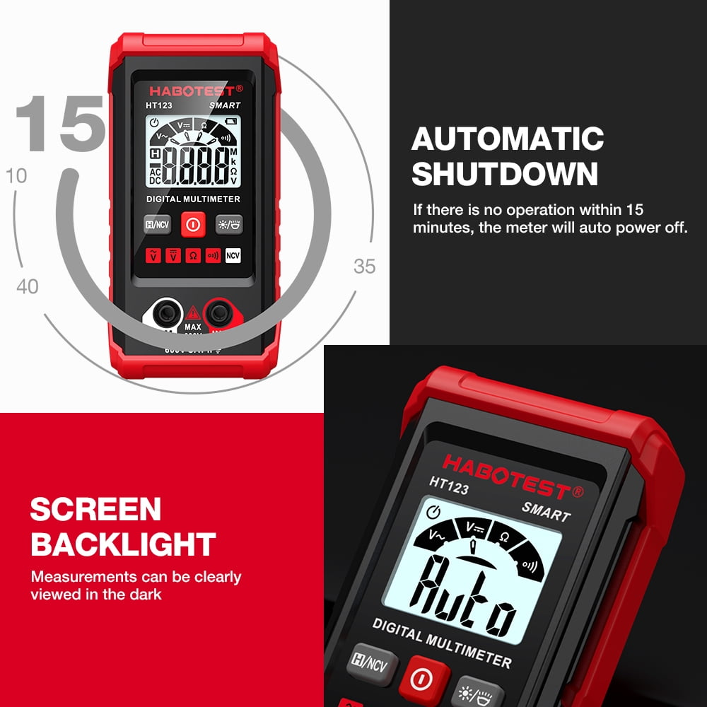 Ein rotes und schwarzes digitales Multimeter, das Habotest HT123, zeigt Werte auf einem Bildschirm an. Funktionen umfassen automatische Abschaltung und Bildschirmbeleuchtung.