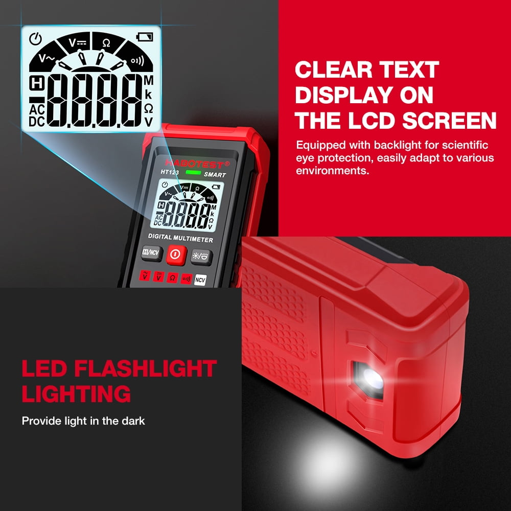 Ein rotes digitales Multimeter mit einem klaren LCD-Bildschirm, der Zahlen und Symbole anzeigt. Eine eingebaute LED-Taschenlampe ist ebenfalls sichtbar.