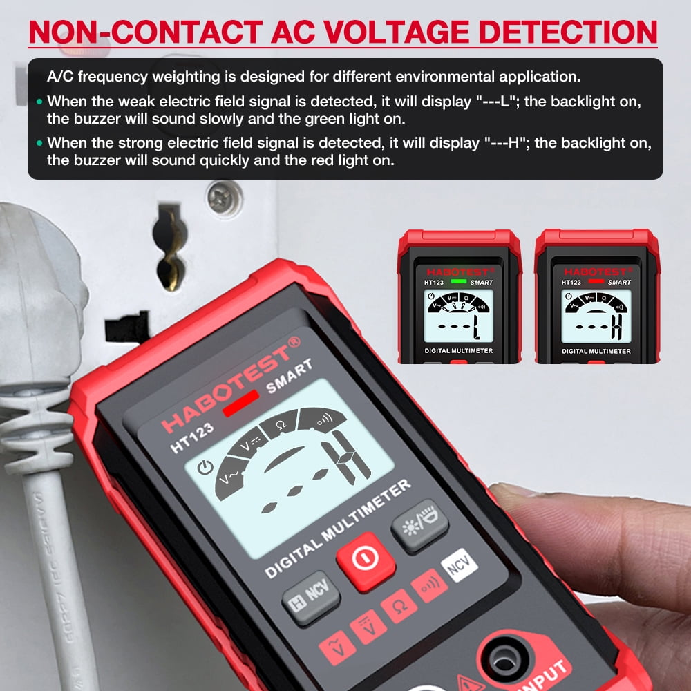 Ein rotes und schwarzes digitales Multimeter mit Anzeige. Eine Hand hält es in der Nähe einer Steckdose.