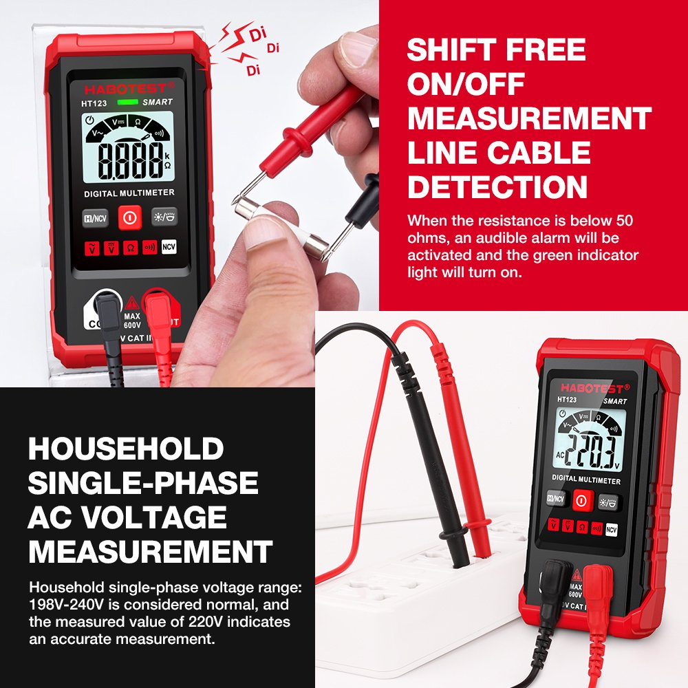 Ein Digitalmultimeter zeigt einen Messwert an. Sonden werden an eine Sicherung und eine Steckdose angeschlossen. Text hebt Funktionen hervor.