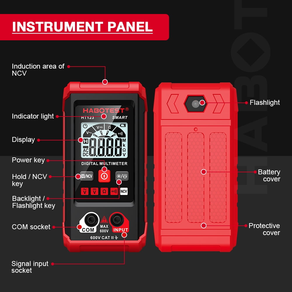 Ein rotes Digitalmultimeter mit beschrifteten Teilen. Es hat ein Display mit Zahlen. Eine zweite rote Abdeckung zeigt eine Taschenlampe und eine Batterieabdeckung.