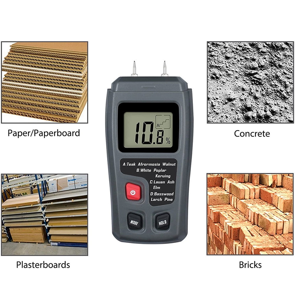 Ein Feuchtigkeitsmessgerät zeigt 10,8% an. Daneben befinden sich Proben von Pappe, Beton, Gipskartonplatten und Ziegeln zum Materialtest.