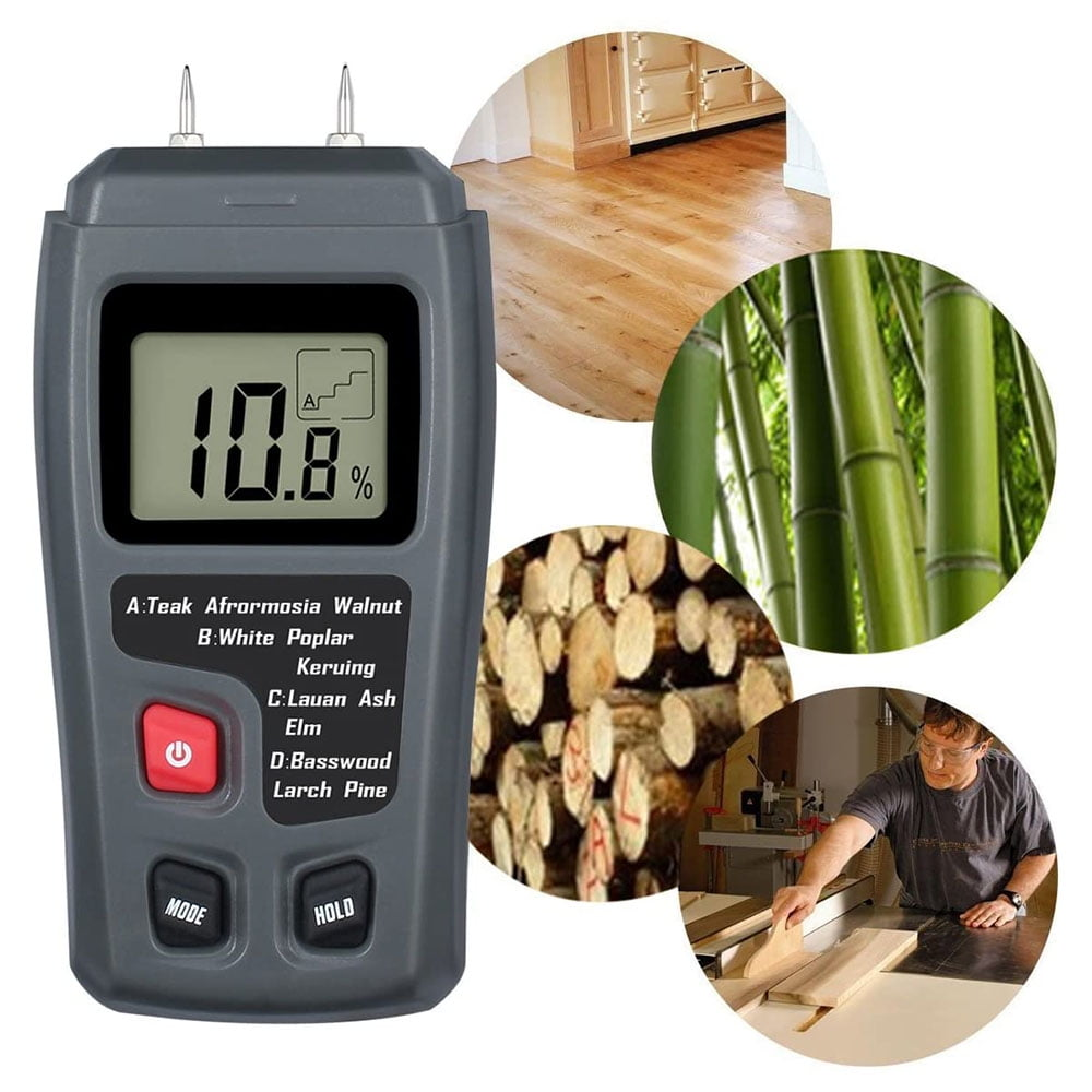 Ein Feuchtigkeitsmessgerät zeigt 10,8 %. Kreisförmige Bilder zeigen Bambus, Baumstämme, Holzböden und einen Mann, der Holz schneidet.