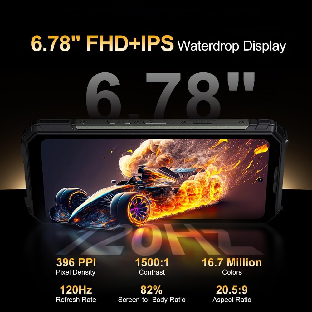 Ein Smartphone-Bildschirm zeigt ein feuriges Rennauto. Zu den Spezifikationen gehören ein 6,78-Zoll-Display, 120Hz Bildwiederholfrequenz und 16,7M Farben, auf schwarzem Hintergrund.