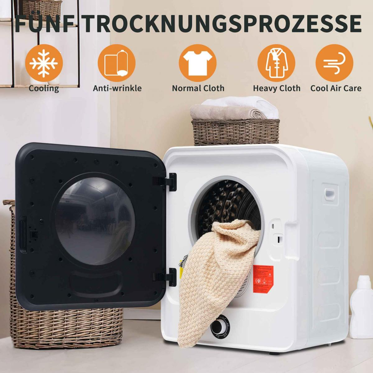 Ein weißer Trockner mit offener schwarzer Tür. Innen ist ein beiger Pullover zu sehen. Oben Symbole für Trocknungsmodi.