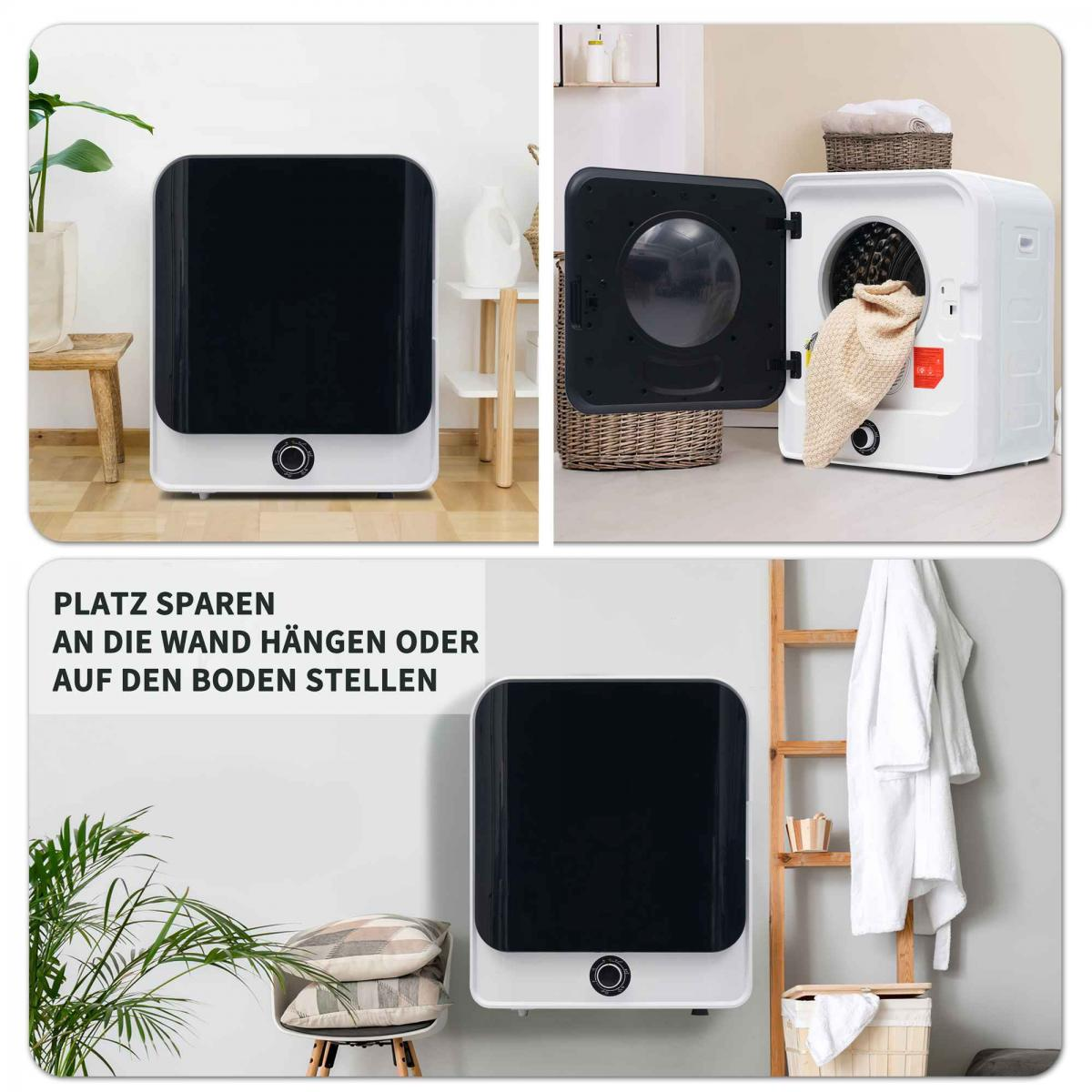 Ein weißer und schwarzer Trockner. Ein Bild zeigt es geschlossen, eines offen. Text: 'Platz sparen, an die Wand hängen oder auf den Boden stellen'.