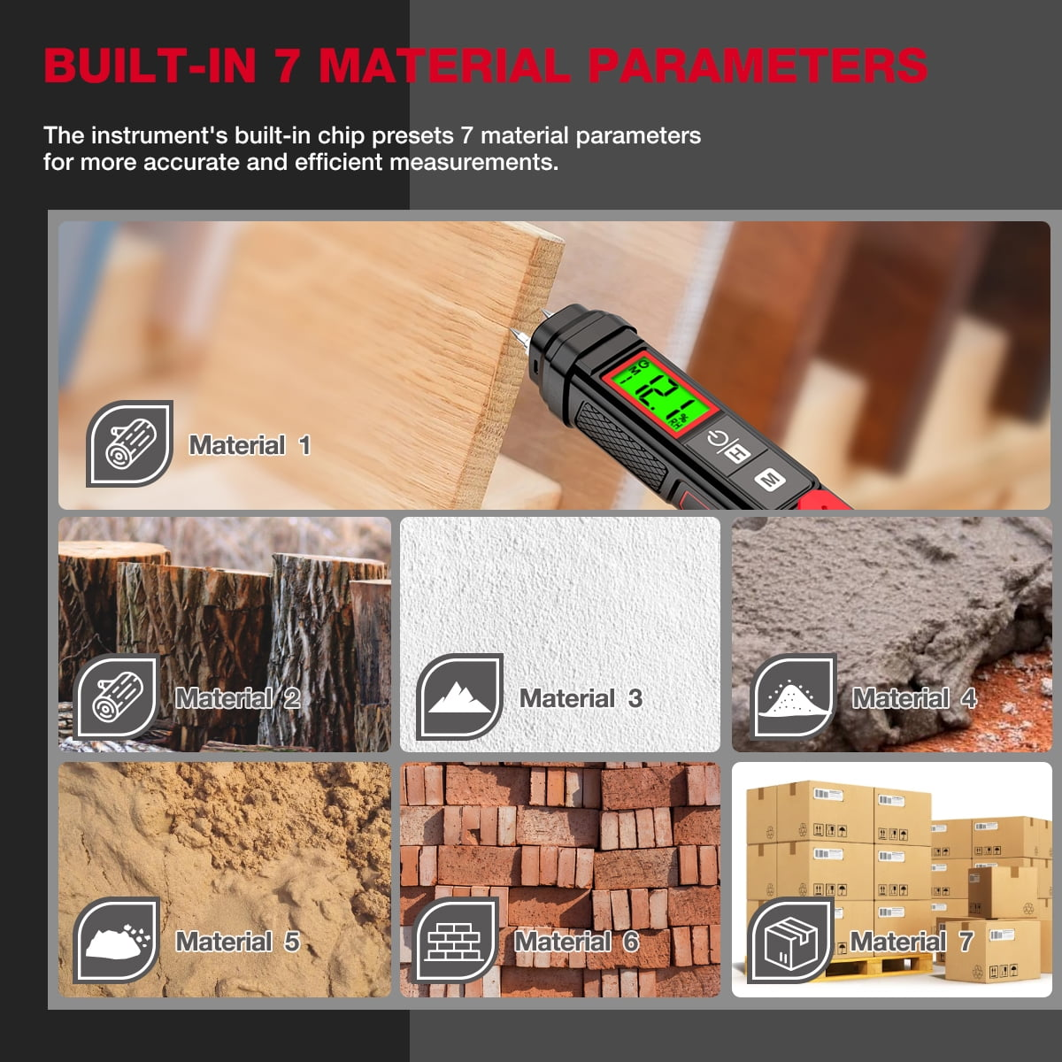 Das Bild zeigt ein Feuchtigkeitsmessgerät, das Holz misst. Es zeigt 7 Materialtypen an: Holz, Baumstämme, weiße Wand, Zement, Sand, Ziegel und Kisten.