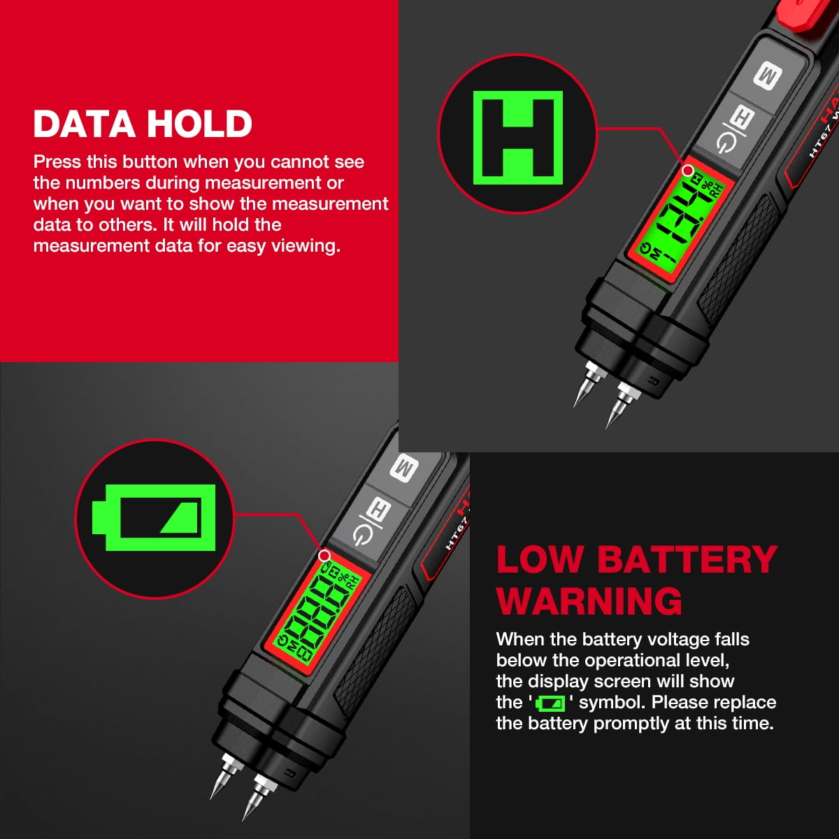 Schwarzes und rotes digitales Feuchtigkeitsmessgerät. Es zeigt einen grünen Bildschirm mit Zahlen. Text: DATA HOLD, LOW BATTERY WARNING.