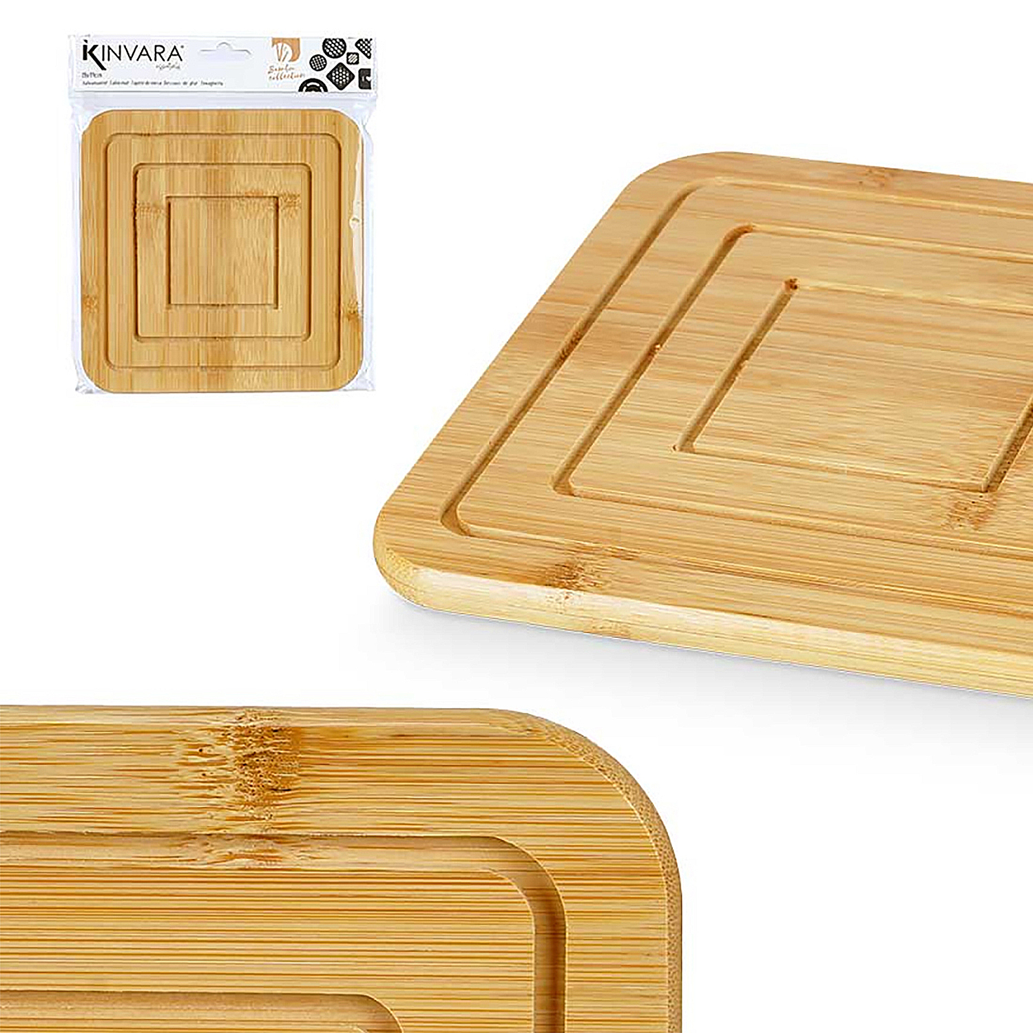 Due taglieri in legno. Uno in confezione di plastica, un altro più grande parzialmente visibile. Entrambi hanno scanalature.