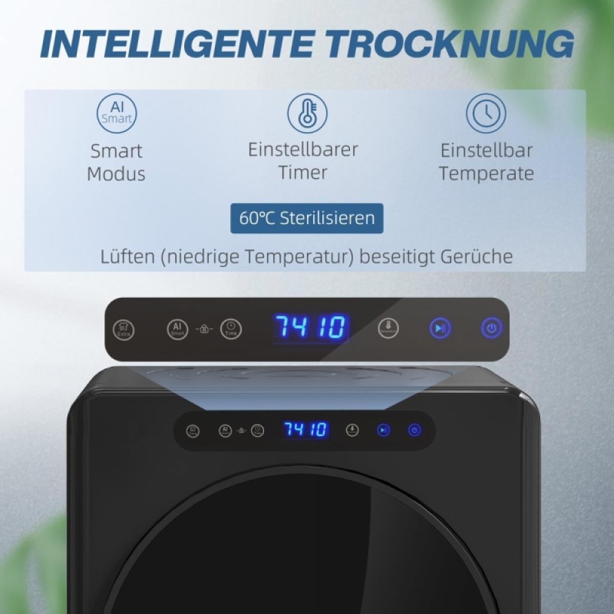 Ein schwarzes Gerät mit Digitalanzeige, die Zahlen und Symbole zeigt. Text enthält 'Smart Modus', 'Timer', 'Temperatur'.