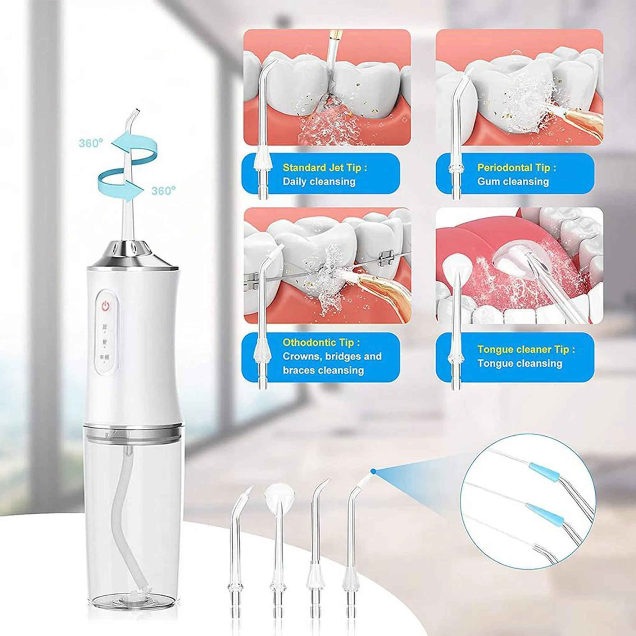 Weißer Wasser-Flosser mit verschiedenen Aufsätzen. Diagramme zeigen Zahnreinigung, einschließlich Zahnfleisch, Zahnspangen und Zunge.