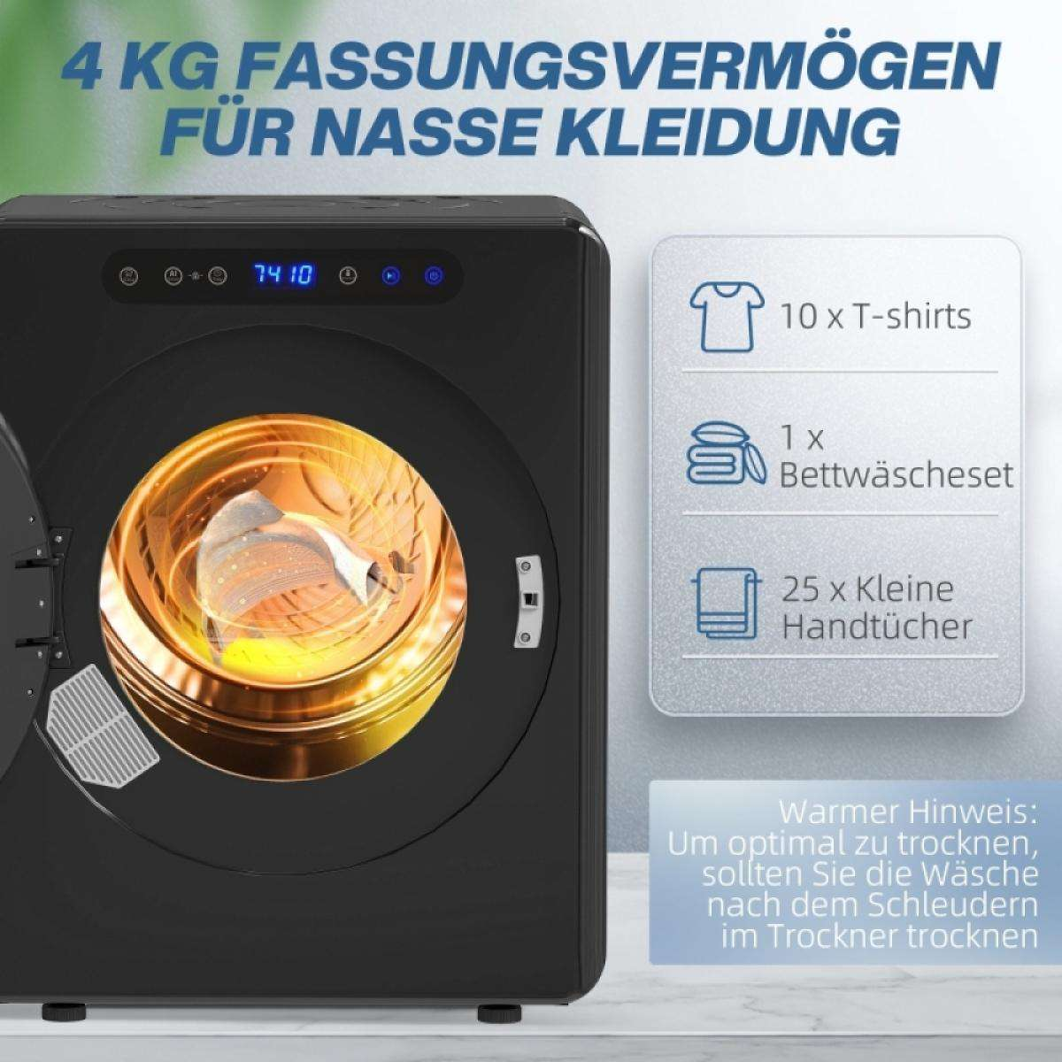 Ein schwarzer Trockner mit offener Tür. Text: '4 KG Fassungsvermögen für nasse Kleidung', '10x T-Shirts', '1x Bettwäscheset'.