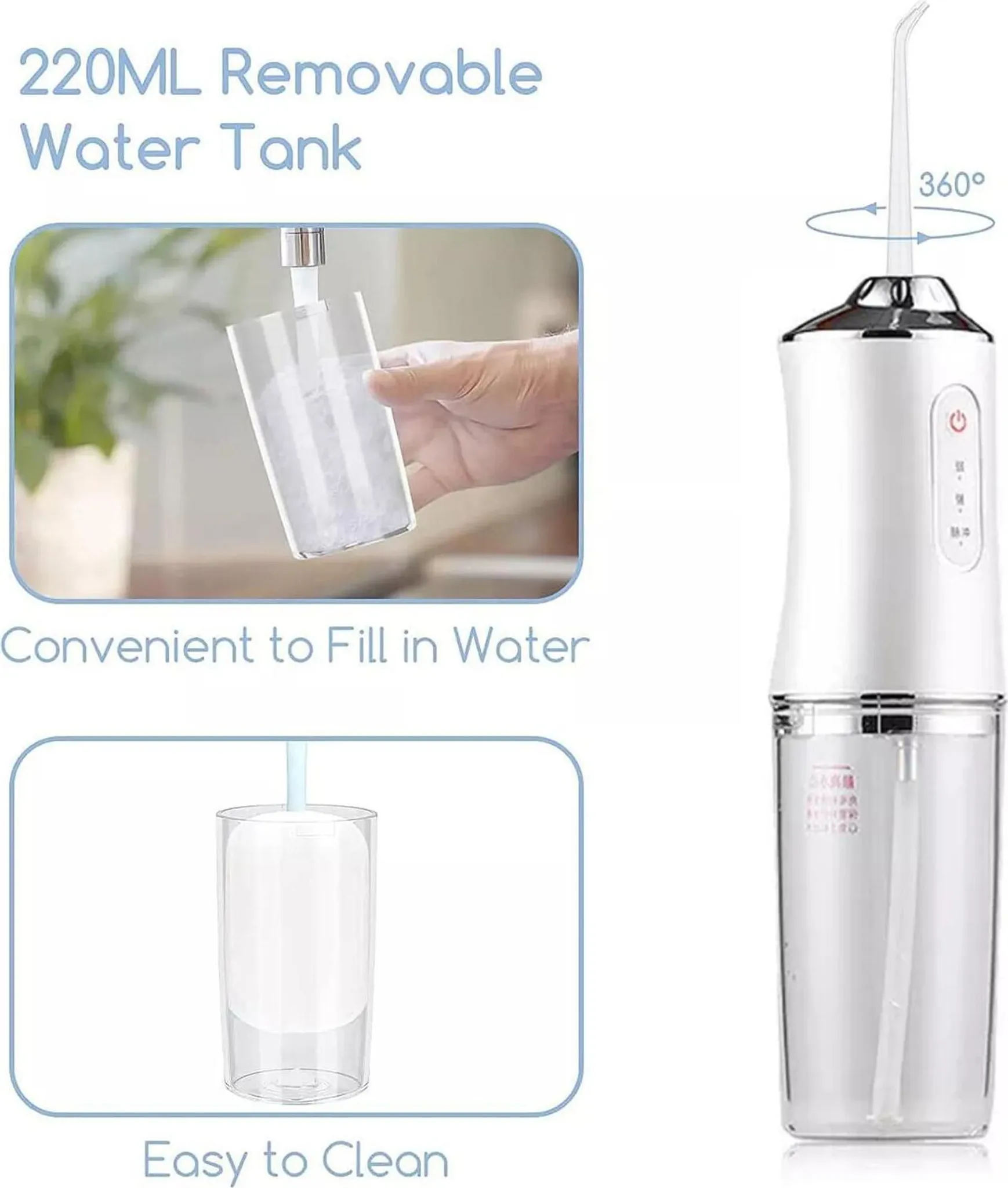 Ein weißer Wasserflosser mit abnehmbarem Tank, 360-Grad-Düse und einer Wasserbefüllungsdemonstration. Leicht zu reinigen.