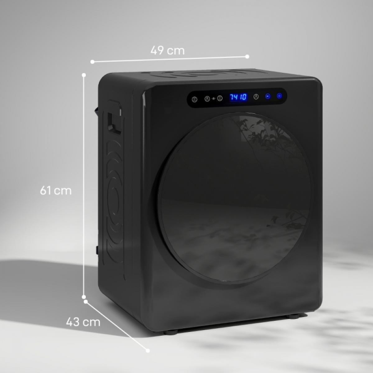 Ein schwarzes Gerät mit runder Tür, Digitalanzeige und den angegebenen Abmessungen: 49 cm, 61 cm und 43 cm. Der Hintergrund ist grau.