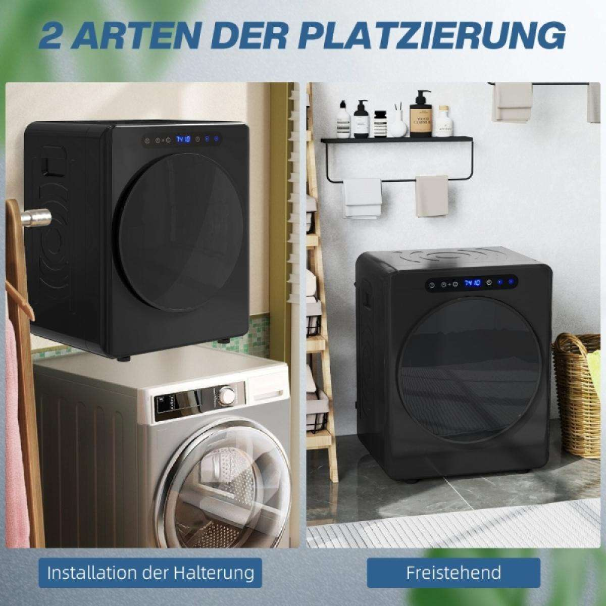 Das Bild zeigt zwei Möglichkeiten, einen schwarzen Trockner zu platzieren. Einer ist auf einer Waschmaschine installiert, der andere steht frei.