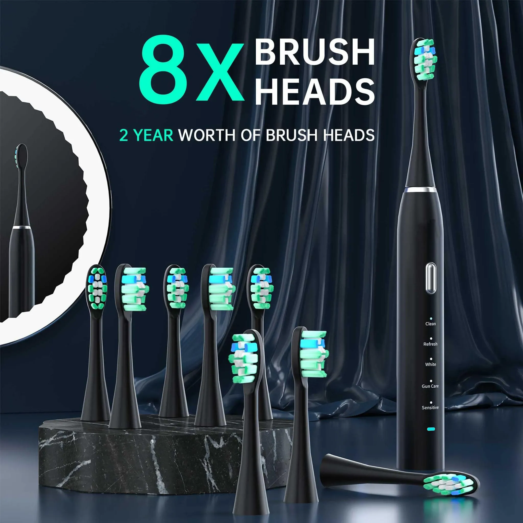 Eine schwarze elektrische Zahnbürste mit 8 Bürstenköpfen. Die Köpfe haben grüne, blaue und weiße Borsten. Text sagt '8x BRUSH HEADS'.